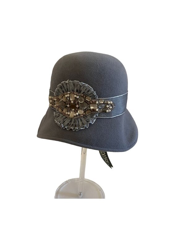 Louise Green Beaded Gray Felt Cloche Hat With Satin Band & Embellished Detailing main image 4